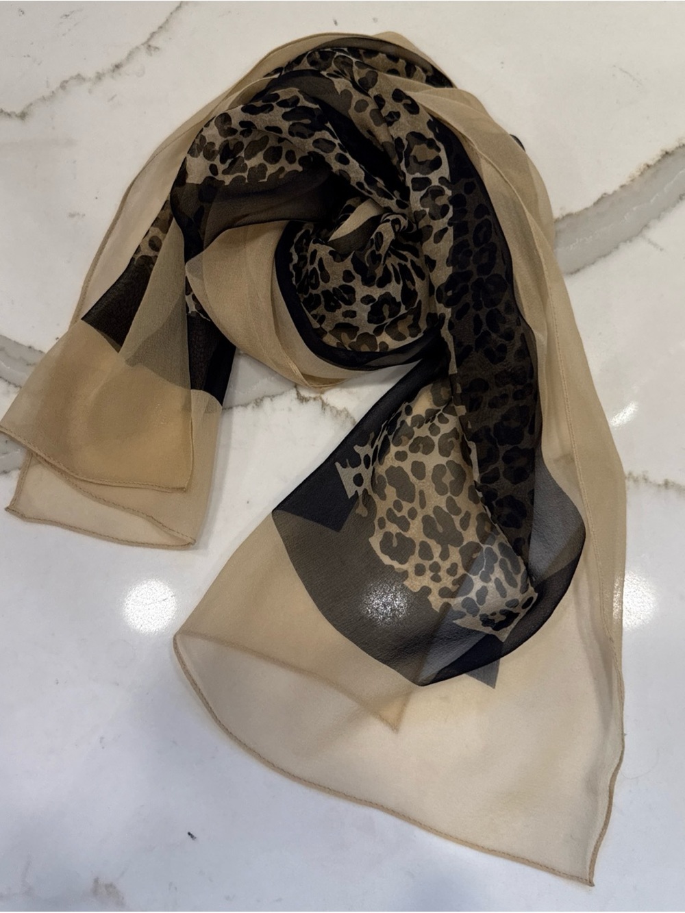 Leopard Print Silk Chiffon Oblong Scarf Camel Brown Black Beige 48” X 13”